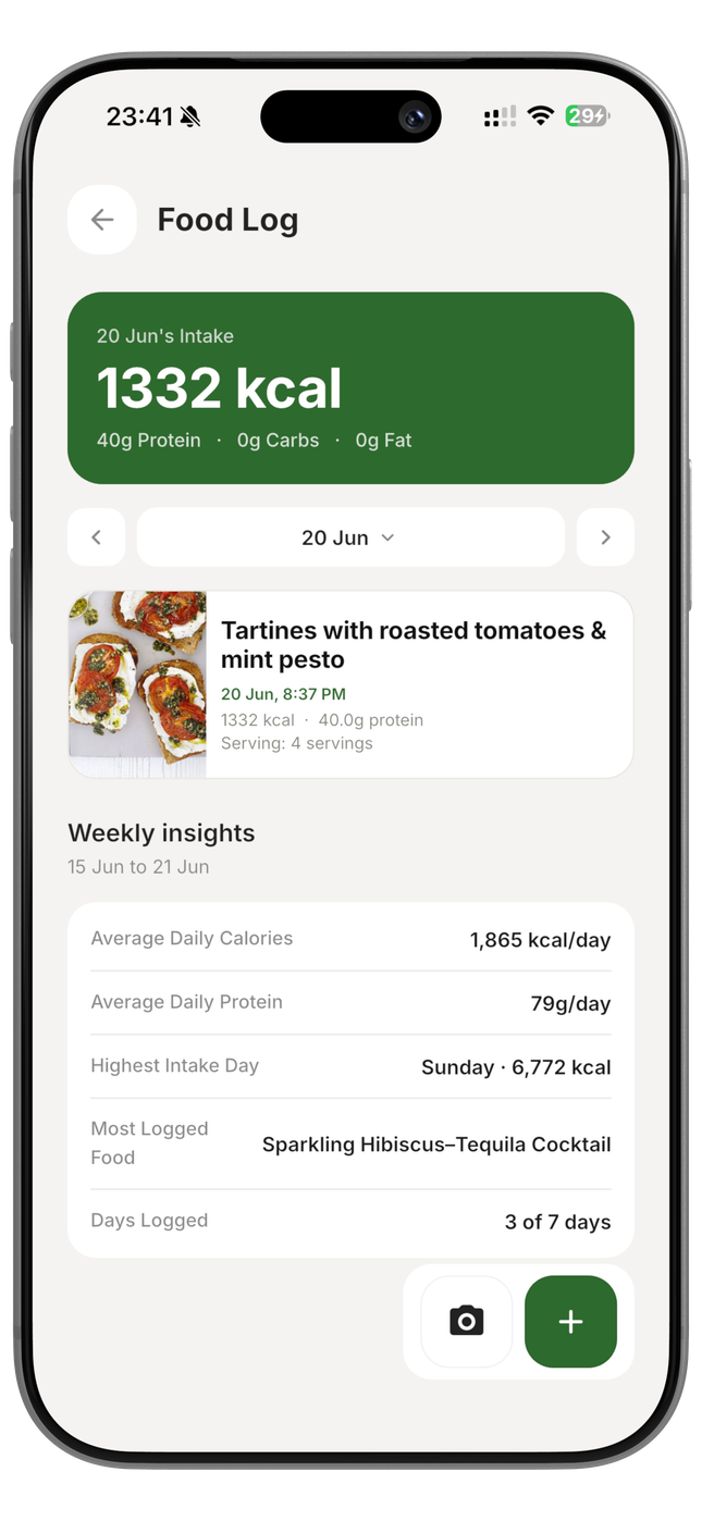 Food log screen